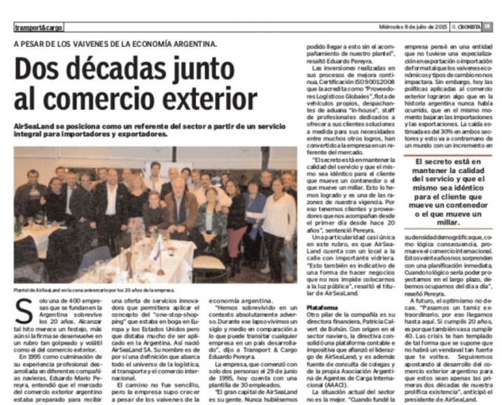 Nota de El Cronista Comercial sobre los 20 años de AirSeaLand