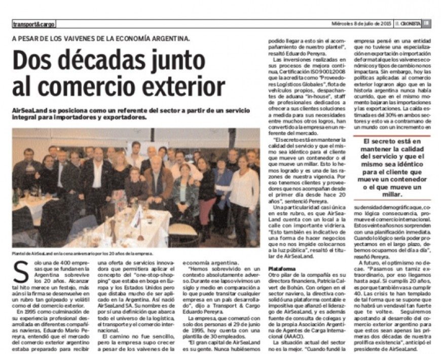 Nota de El Cronista Comercial sobre los 20 años de AirSeaLand
